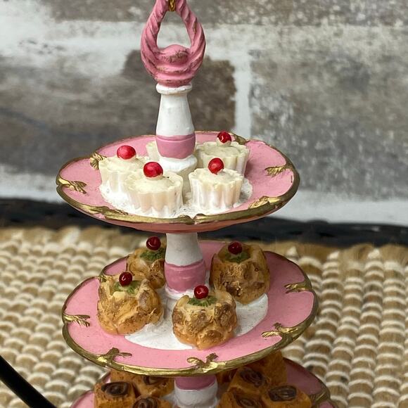 Three Tier Dessert Stand Christmas Tree Ornament Bakery, Miniature Pink & Gold - Picture 4 of 11
